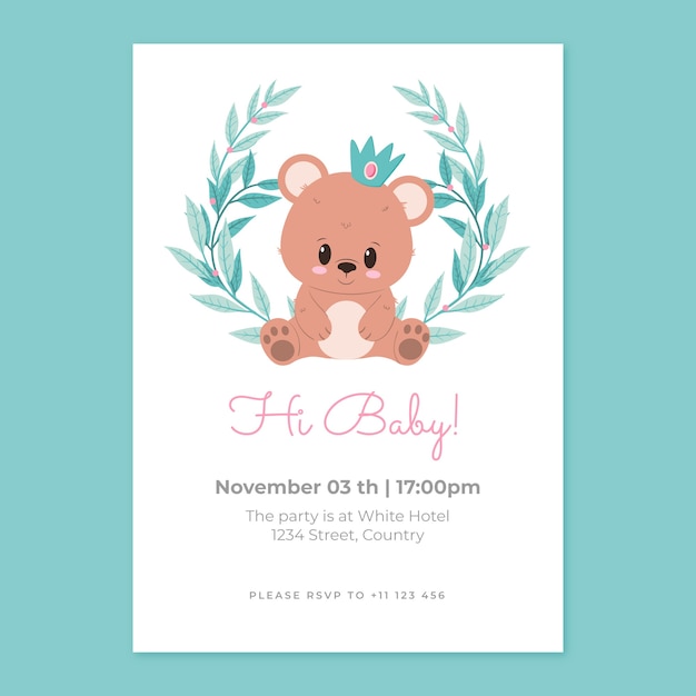 Vettore invito per baby shower con orsacchiotto disegnato a mano