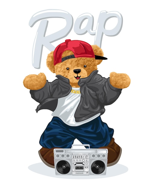 Hand drawn teddy bear cartoon in hip hop style with tape recorder