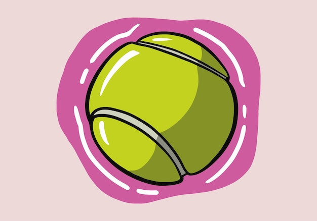 Palla da tennis disegnata a mano su sfondo isolato. vettore di palla da tennis in stile cartone animato