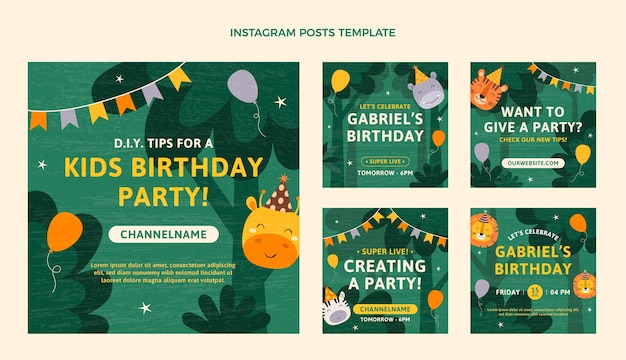 Hand drawn texture jungle birthday party instagram posts