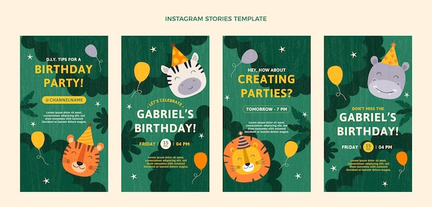 Vector hand drawn texture jungle birthday party instagram stories