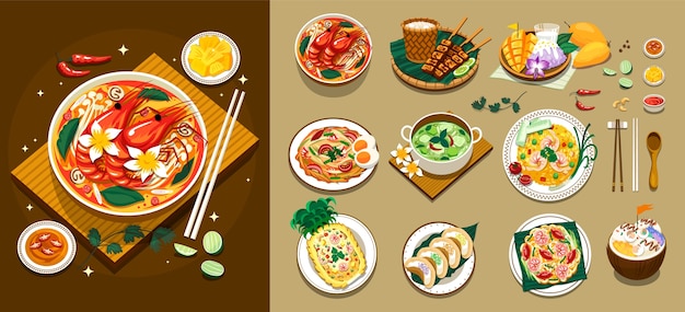 Hand drawn thai food icons with illustration set