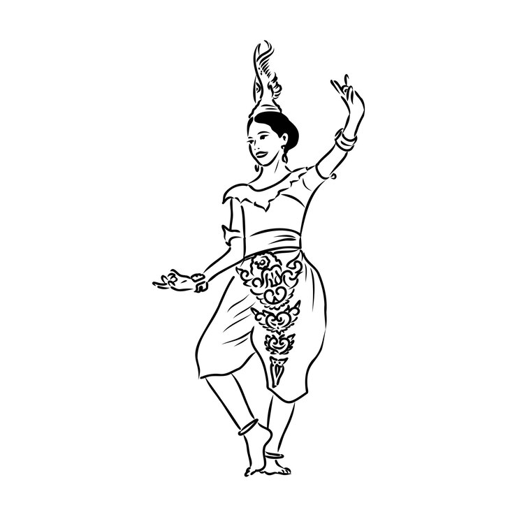 Vector hand drawn thai traditional dancing style female ghost on white background for concept