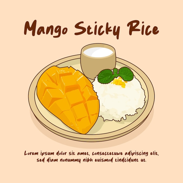 Hand drawn Thailand traditional food Mango Sticky Rice illustration