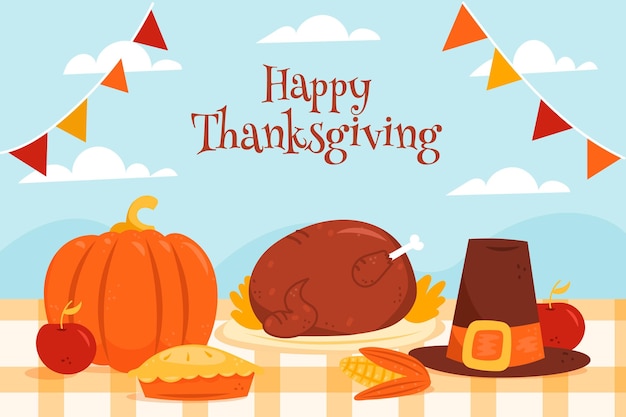 Hand drawn thanksgiving background with pumpkin and turkey