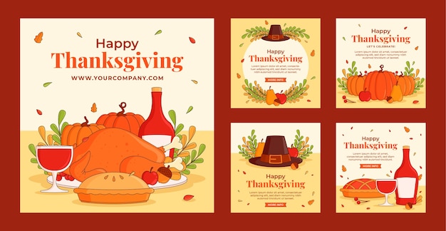 Vector hand drawn thanksgiving celebration instagram posts collection