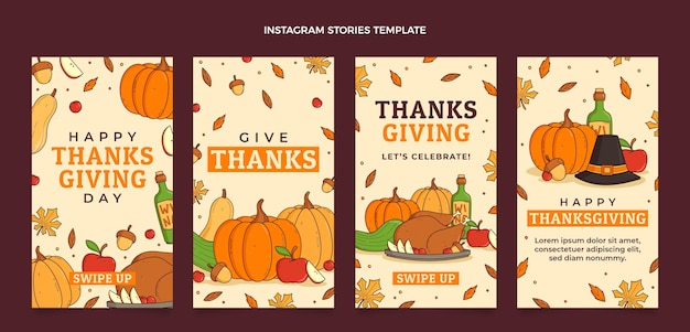 ベクトル 手描きの感謝祭のinstagramストーリーコレクション