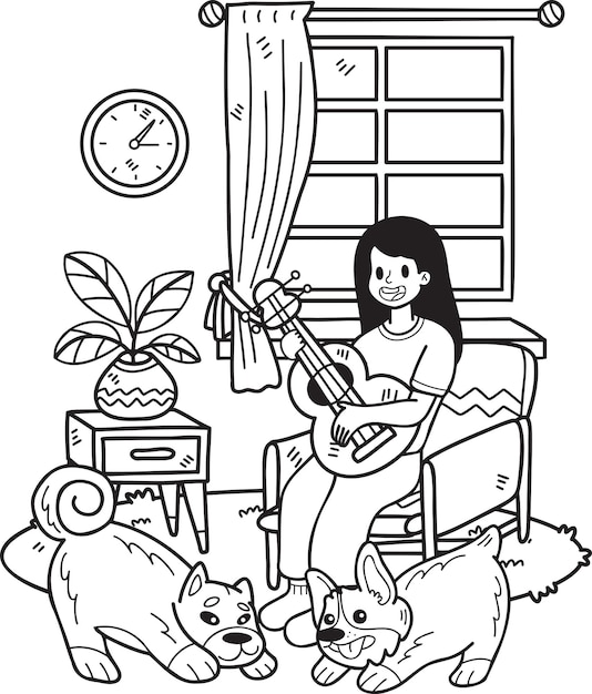 손으로 그린 주인은 낙서 스타일로 방 그림에서 개와 함께 기타를 연주합니다.