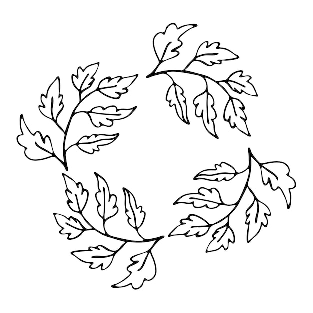 葉と枝と手描きの細い線の花輪