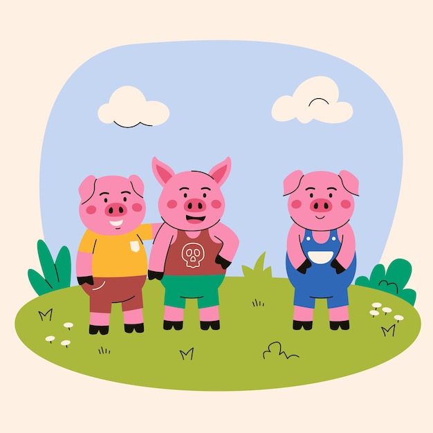 Hand drawn the three little pigs illustration