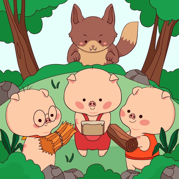 Hand drawn the three little pigs illustration