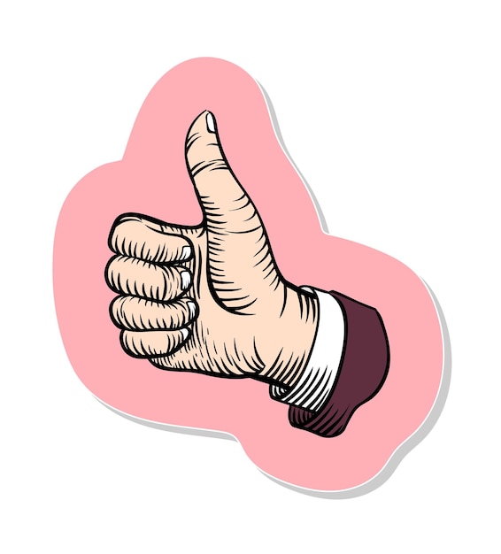 Hand drawn thumb up hand in retro sketch in sticker style vector illustration