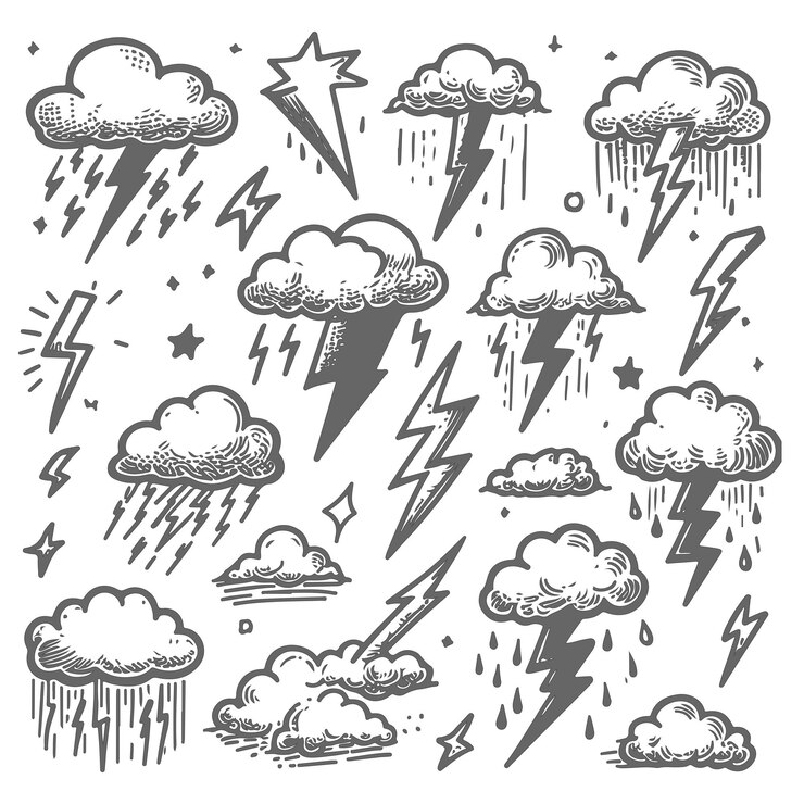 Vector hand drawn thunderstorm icons set isolated on white background