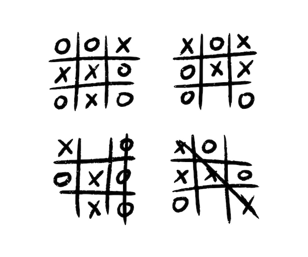 손으로 그린 박하 사탕 발가락 게임. XO 어린이 게임. tictactoe 무승부를 재생합니다. 노츠와 승리. 흰색 배경에 낙서 스타일의 벡터 일러스트 레이 션