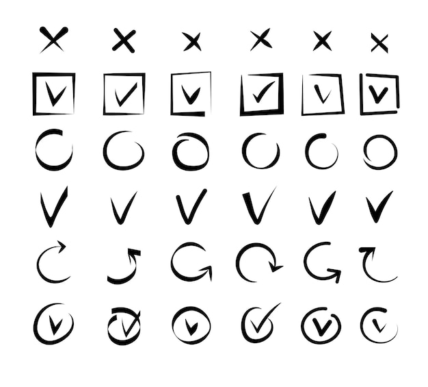 Hand drawn tick marks. checklist signs, doodle marker drawing check mark. isolated accept vote and true, cross and correct icons vector set. correct check tick, accept and ok doodle stroke