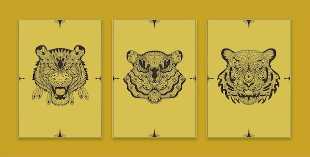 Hand Drawn Tiger Head Ornament Card Collection