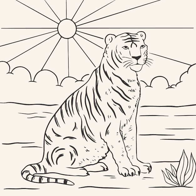Нарисованная рукой иллюстрация контура тигра