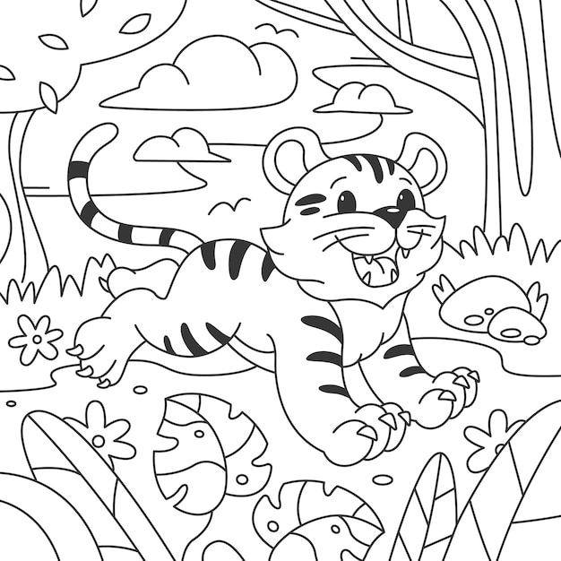 Вектор Нарисованная рукой иллюстрация контура тигра