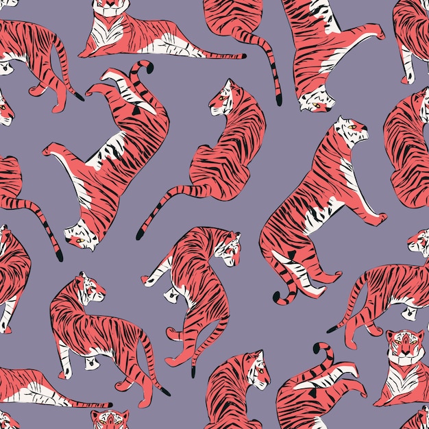 Vector hand drawn tiger seamless pattern