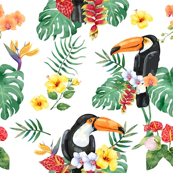 Uccello di toucan disegnato a mano con motivo a fiori tropicali