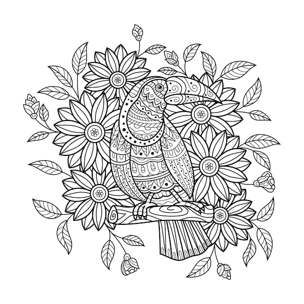 Premium Vector  Tucan and flower coloring page for adults