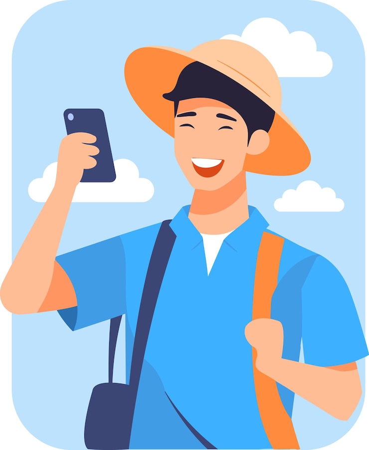 Vector hand drawn tourist is traveling and taking photos happily in flat style isolated on background