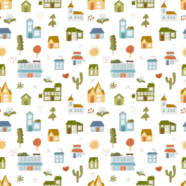 Hand drawn town elements seamless pattern for kid. building, house, abstract tree plant illustration. children scandinavian vector background. cartoon city wrapping paper print design