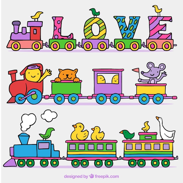 Vector hand drawn toy trains