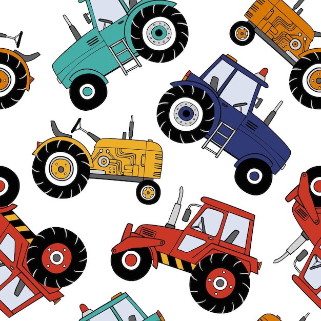 Hand drawn tractors seamless vector pattern.