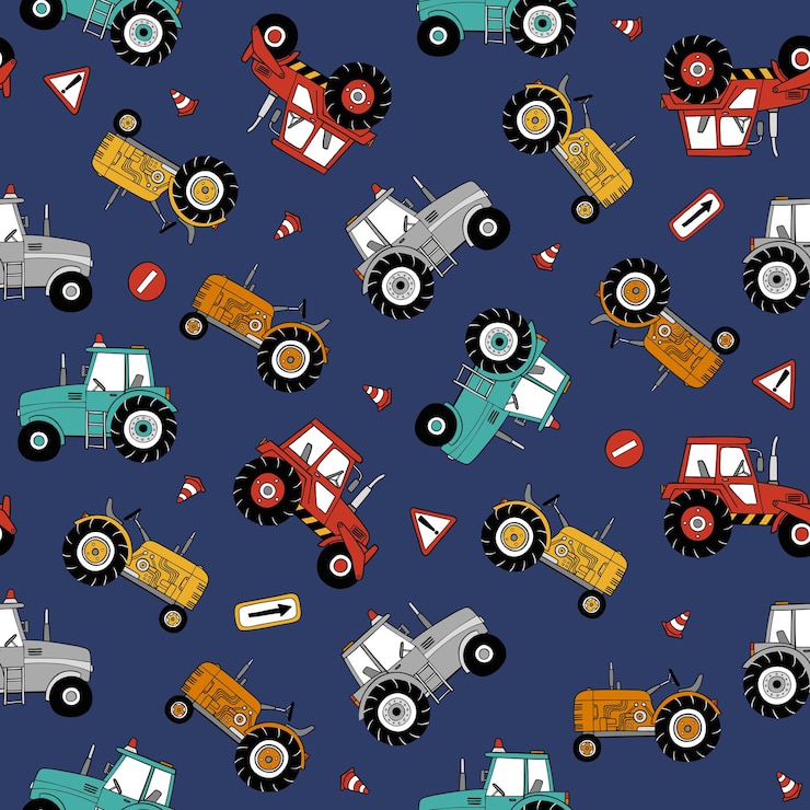 Vector hand drawn tractors seamless vector pattern.