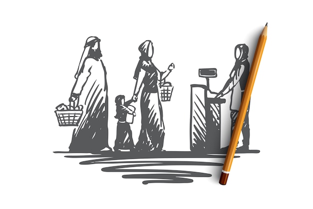 Vector hand drawn traditional muslim family on shopping concept sketch