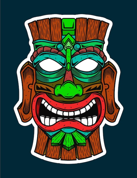 Hand Drawn Traditional Tiki Mask Sticker Illustration