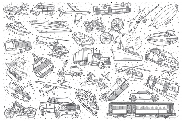 Vector hand drawn transport doodle set.