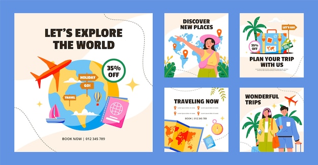 Vector hand drawn travel adventure instagram posts