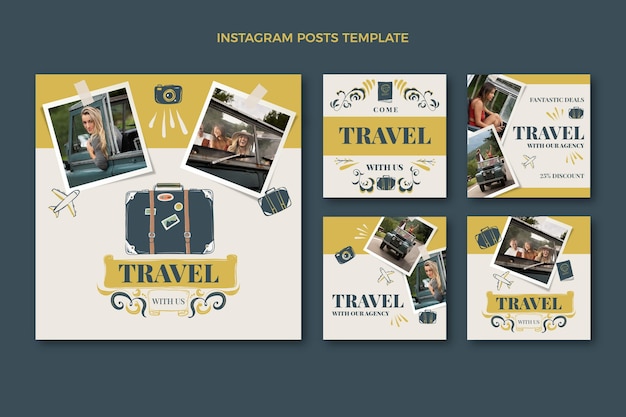 Vector hand drawn travel instagram post collection