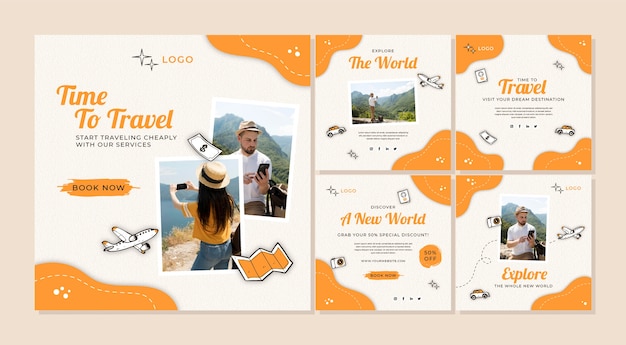 Hand drawn travel instagram post set