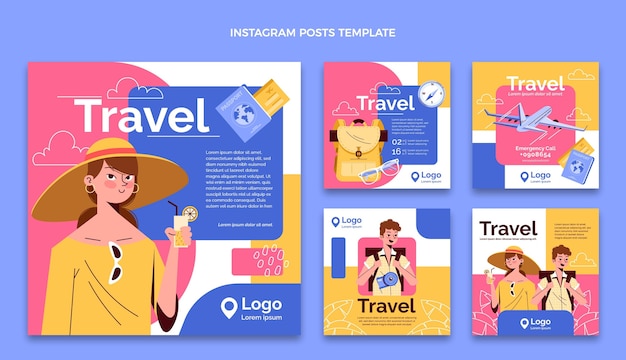 Hand drawn travel instagram posts collection