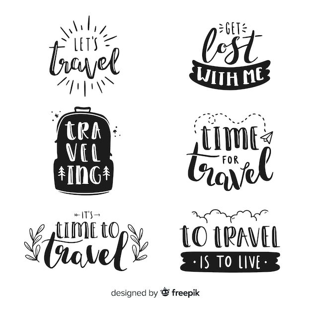 Vettore distintivi di lettering viaggio disegnato a mano