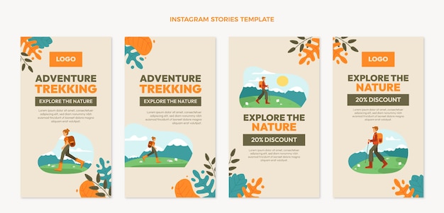 Vettore storie di instagram di trekking disegnate a mano