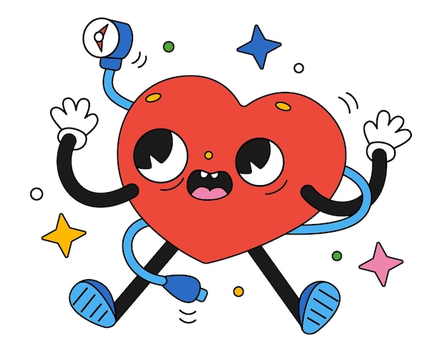 Hand drawn trendy traditional cartoon illustration of a heart with a stethoscope around it