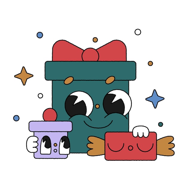 Hand drawn trendy traditional cartoon vector illustration Christmas presents with faces