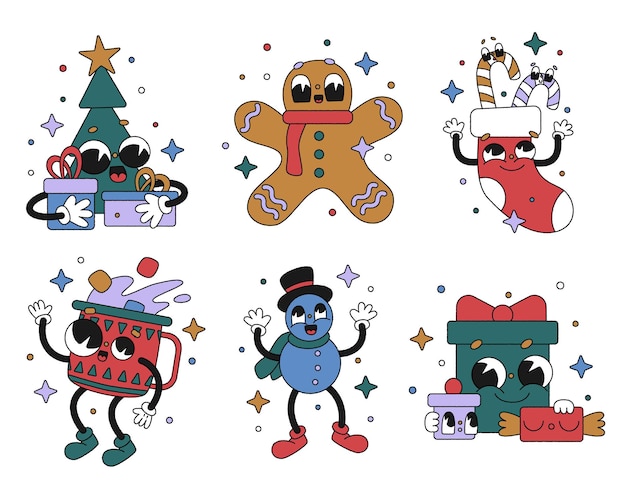 Hand drawn trendy traditional cartoon vector illustration set cute christmas and new year holidays