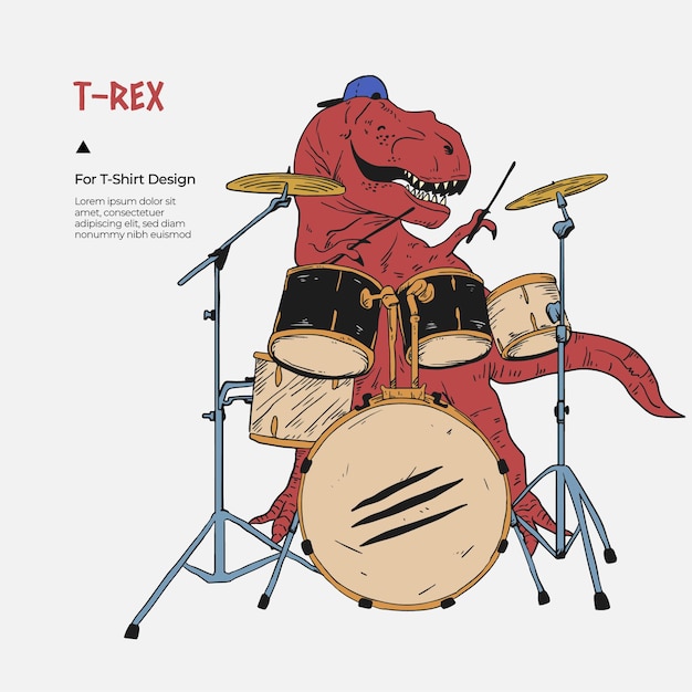 Vettore illustrazione disegnata a mano del batterista trex per il disegno della maglietta
