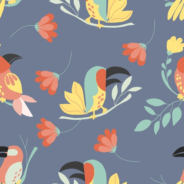 Vector hand drawn tropical bird seamless pattern