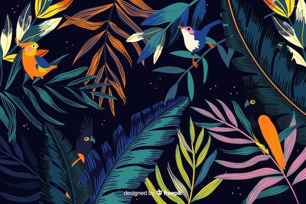 Hand drawn tropical birds and leaves background