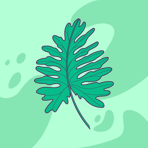 Hand drawn tropical leaf on spotted bright green background