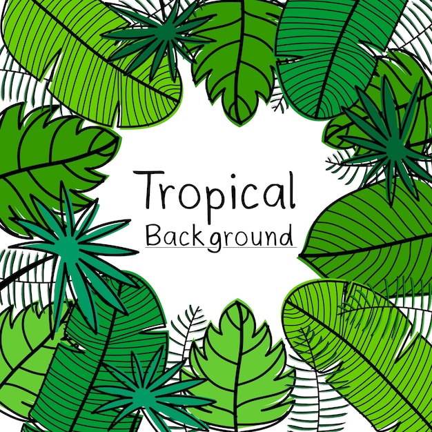 Fondo tropicale disegnato a mano delle foglie.