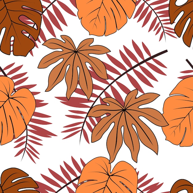 ベクトル 手描きの熱帯の葉のシームレスなパターン