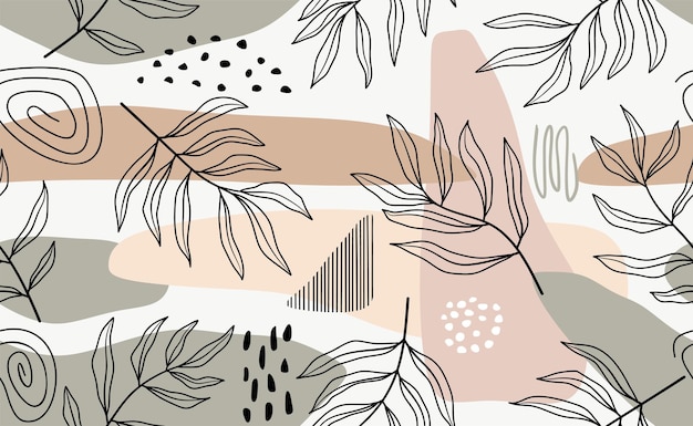 Hand drawn tropical leaves with seamless pattern