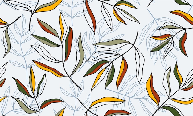 Hand drawn tropical leaves with seamless pattern